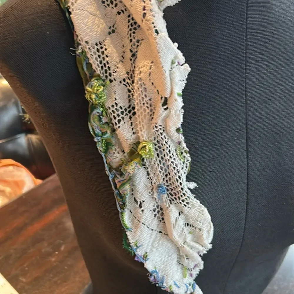 Hand Crafted head scarf hat band antique silk lace embroidered Multi floral